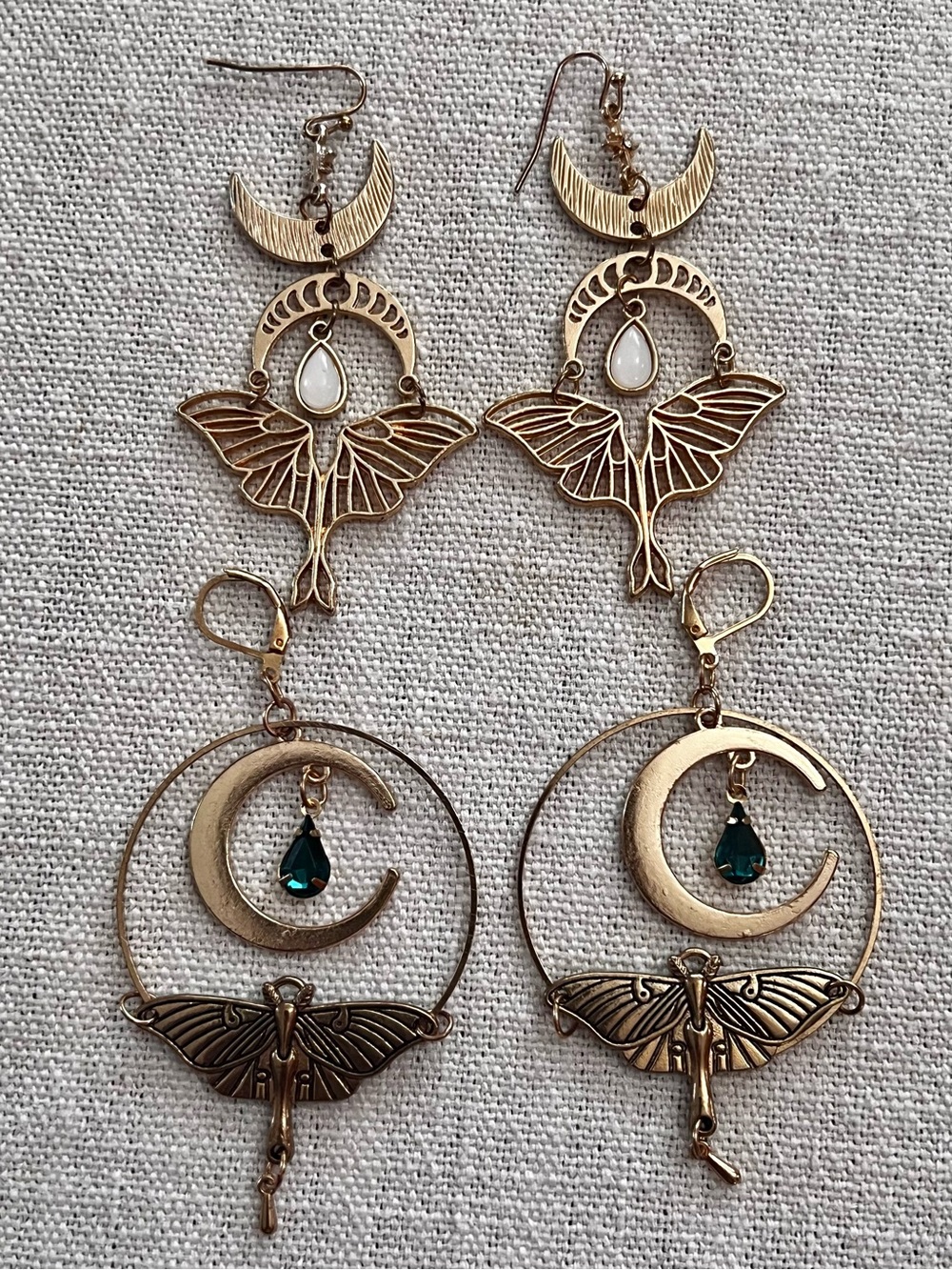 Gold Tone Moth and Moon Fashion Earrings, Set of 2